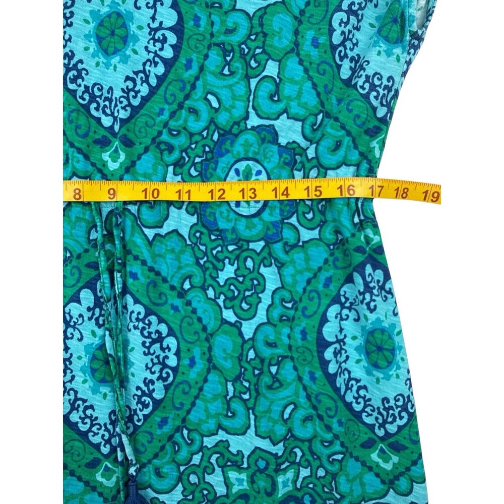 TOMMY BAHAMA Dress Batik Print Knit Green Blue Cap Sleeve Drawstring Waist Large - Picture 8 of 10